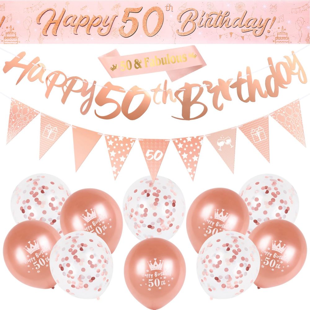 50th Birthday Decorations Kit Rose Gold Happy 50th Birthday Banner Triangle Flag Confetti Balloons Birthday Party Decorations Supplies Age 50