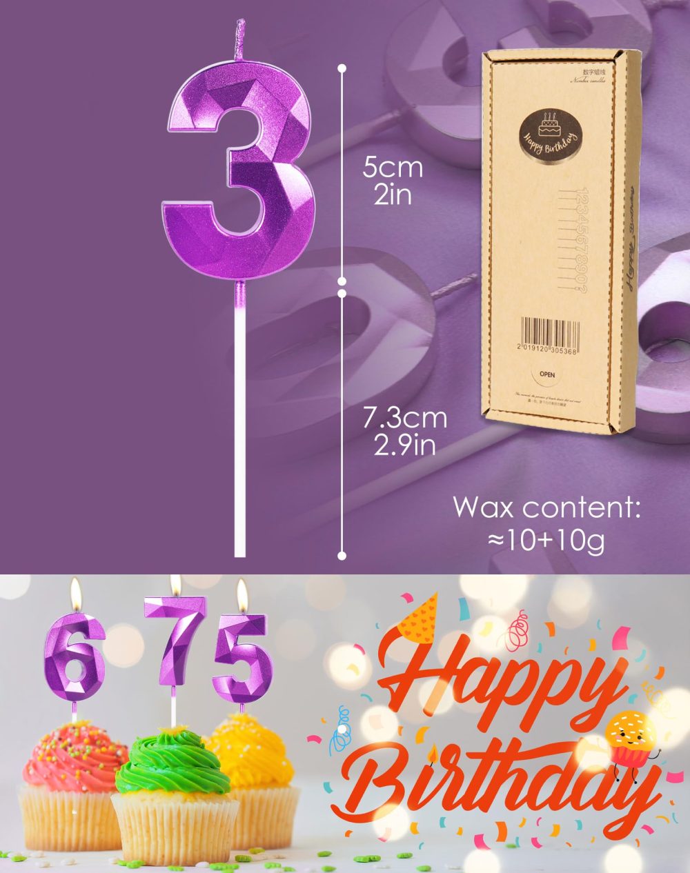 Purple 60th Birthday Candles for Cake, Number 60 Candle for 60th Birthday Decorations, 3D Design Cake Topper Decor for Boy Girl Women Men Birthday Theme Party Weddings Anniversary Celebration Supplies - Image 6