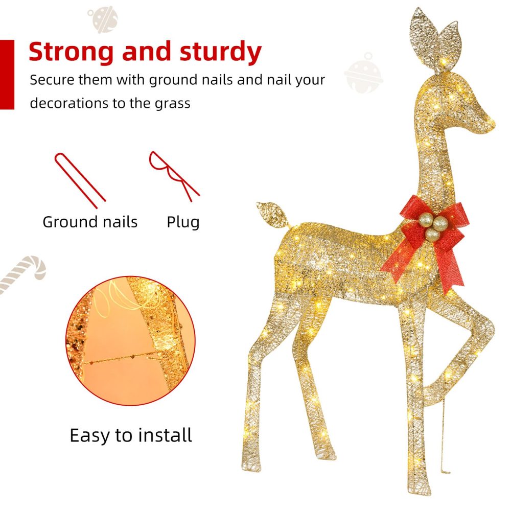 HOYECHI Lighted Christmas Decoration Deer 3 Piece, Light up Christmas Decor Reindeer Family Set for Indoor Outdoor Front Yard Porch with LED Lights, Plug, Extension Cord, Ground Stakes - Gold - Image 6