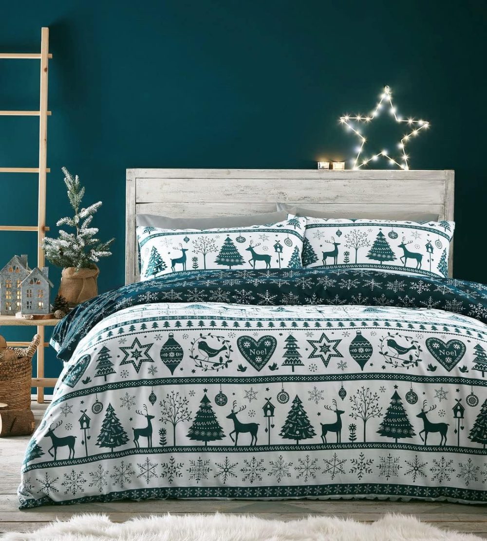 HOMEMAKER BEDDING Christmas Duvet Set Teal White Reindeer Stag Hearts Xmas Trees Festive Quilt Cover (Double)