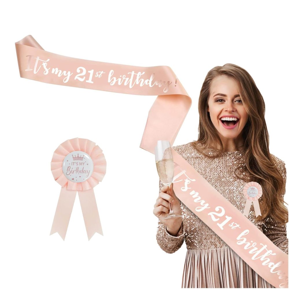 21th Birthday Sash - Rose Gold Birthday Sash for Girls , Birthday Girl Sash with Birthday Badge 21th Birthday Gift Party Decorations Supplies