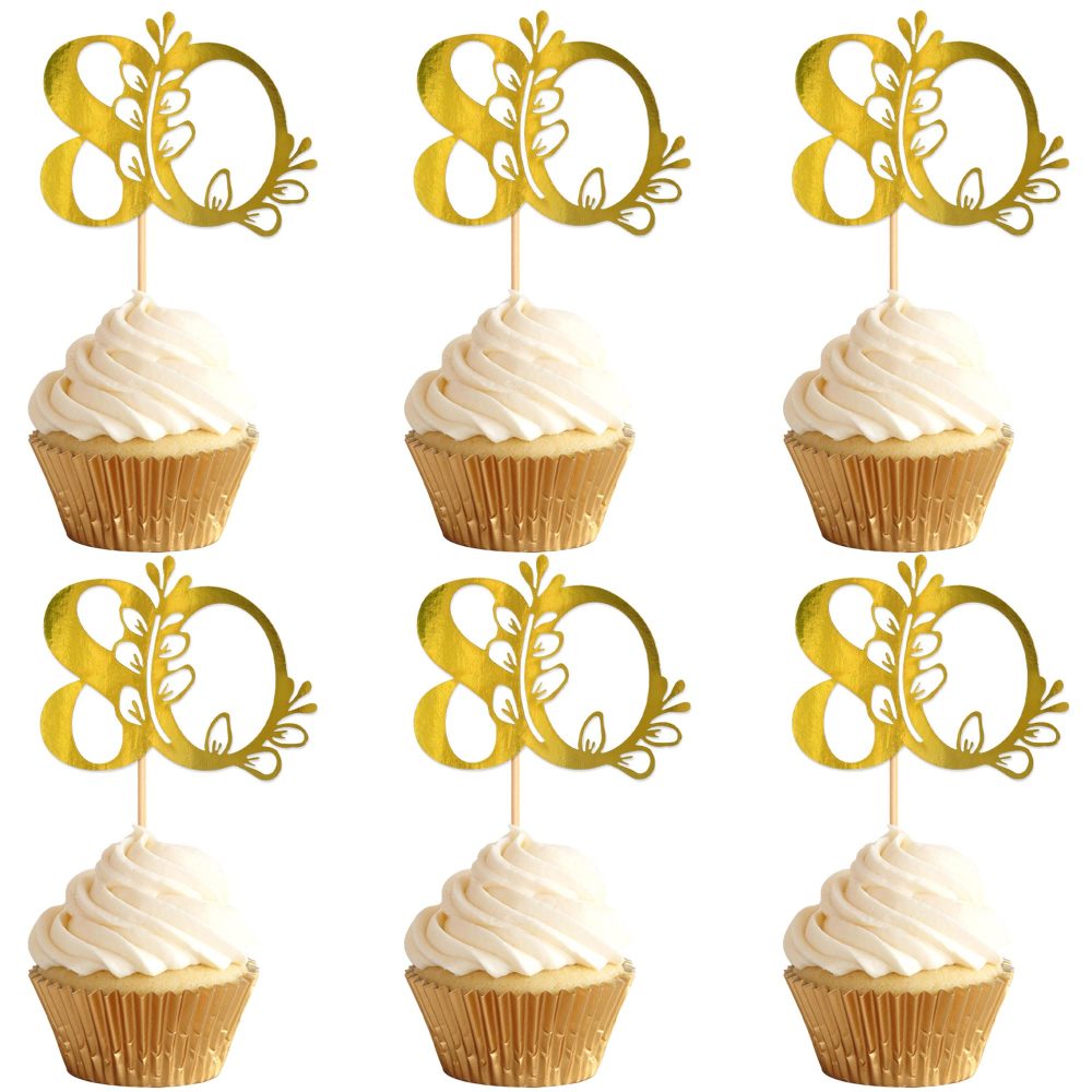 Blumomon 24Pcs 80th Happy Birthday Cupcake Toppers Happy 80 Cupcake Topper Cheers to 80 Cake Decoration 80th Birthday Party Decoration 80th Anniversary Cake Decoration（Gold）