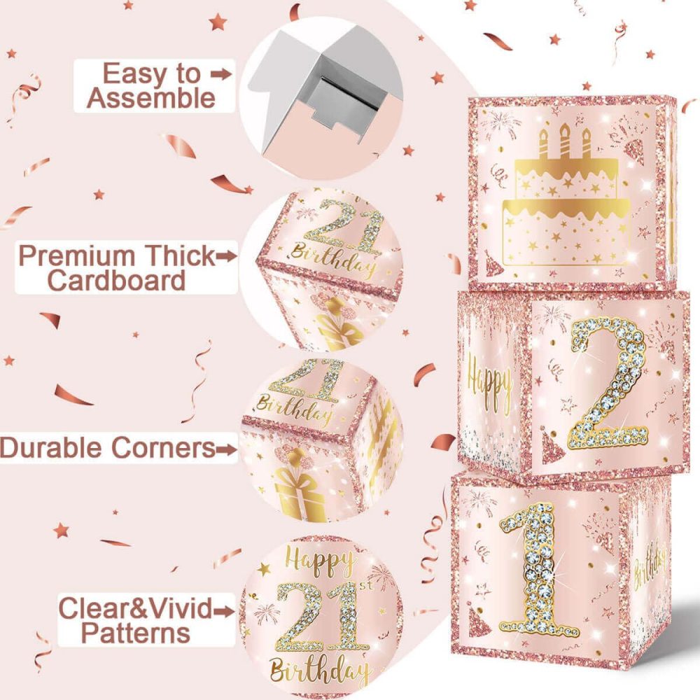 Happy 21st Rose Gold Birthday Balloon Boxes Decorations for Women Girl, 3pcs Cheers to 21 Years Happy Birthday Party Supplies, Pink 21 Years Old Birthday Party Photo Booth Props Decor - Image 5