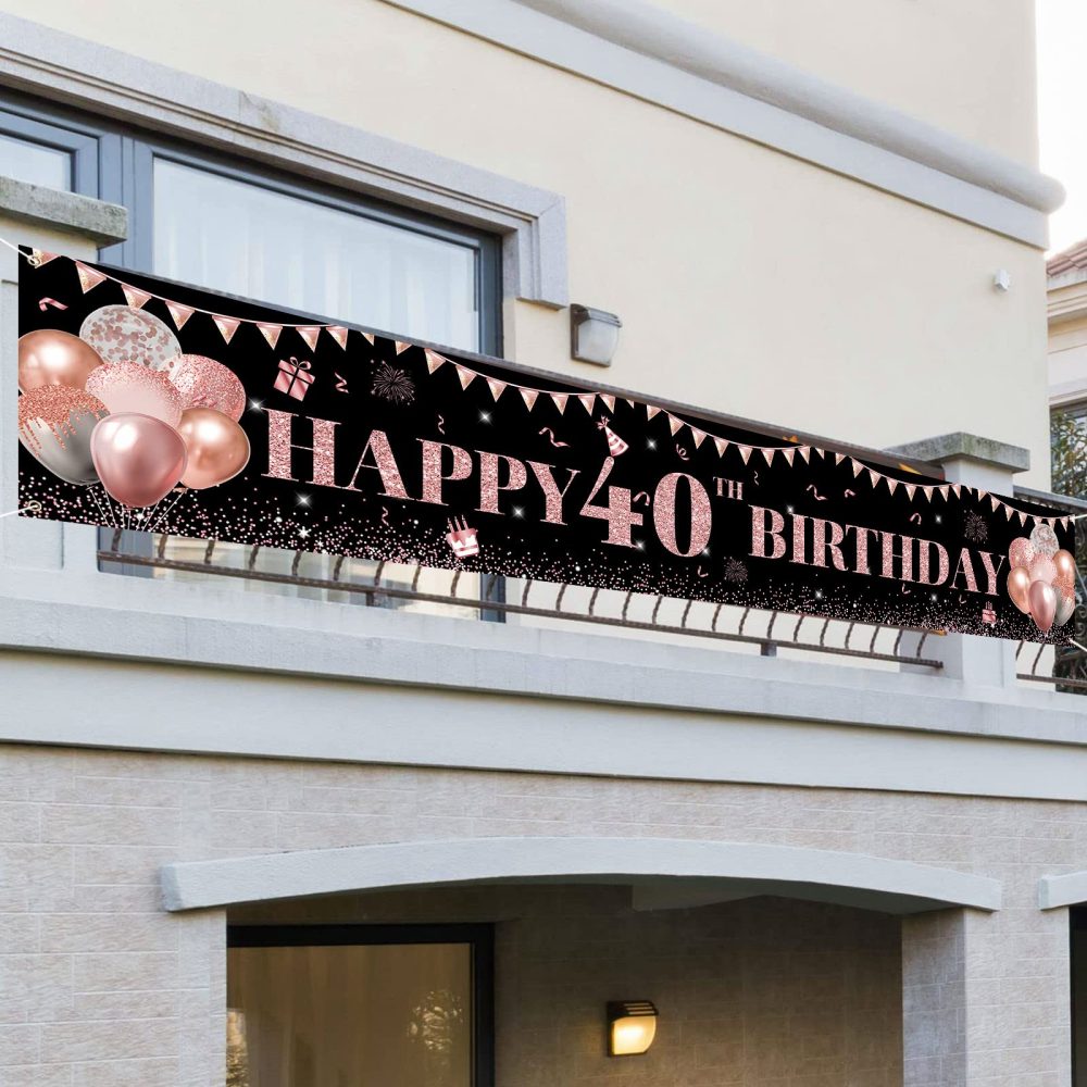 TUTUXMA Large Happy 40th Birthday Banner Black and Rose Gold Yard Sign Birthday Banner for Women Girl 40th Birthday Photo Backgroud Party Indoor Outdoor Decorations Supplies 118 × 19.6 Inch - Image 4