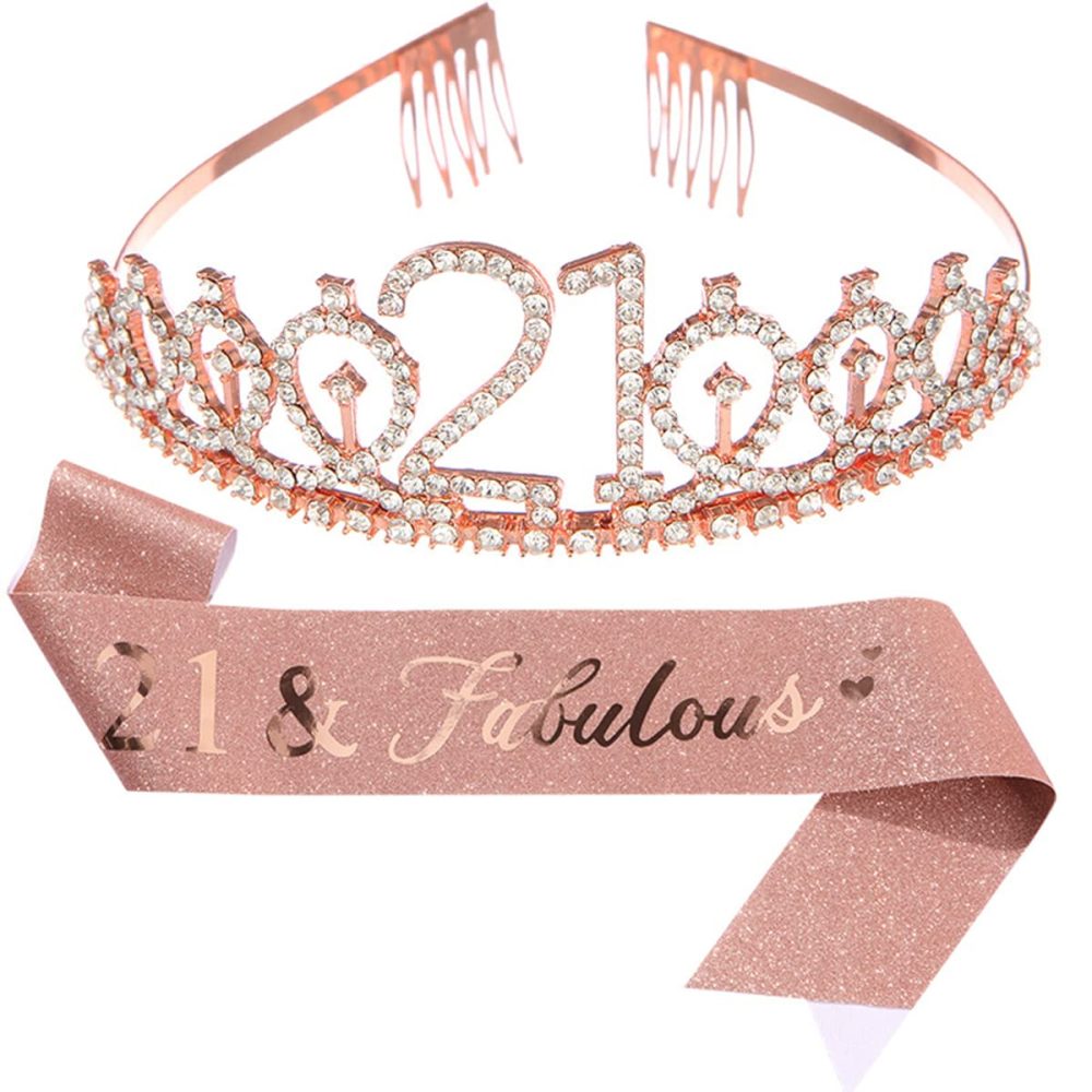 CHTENG Colorful 21Th Birthday Sash and Tiara Rhinestone Crown Headband for Birthday Party Supplies (Rose Gold, 21)
