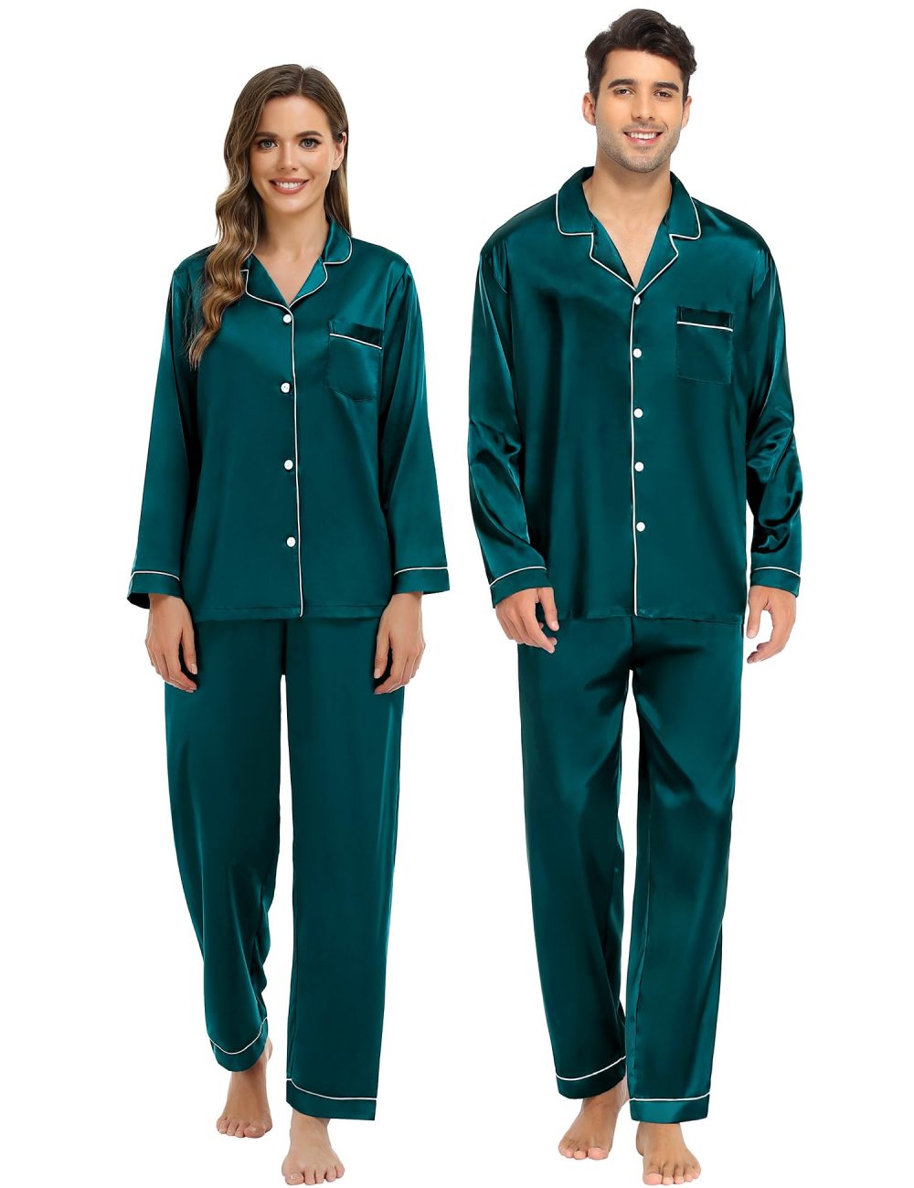 SWOMOG Mens Matching Pyjamas Set Silk Satin Button Down Sleepwear Long Sleeve Nightwear 2 Pcs Pj Set Men Green XX-Large