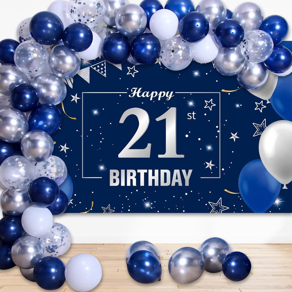 Navy Blue 21th Birthday Decorations Birthday Backdrop Banner Background, 60Pcs Balloons Birthday Party Decoration for Indoor Outdoor Table Garden Wall Photo Backdrop Decoration Supplies (21)
