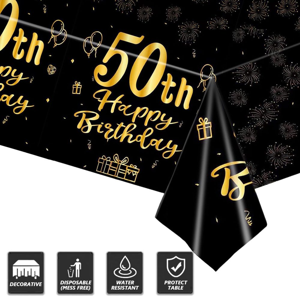YTUGCG 50th Birthday Table Cloth, 137x274cm Black and Gold 50th Birthday Party Table Decoration, Plastic Disposable Waterproof Rectangular Table Cover for Women, Birthday Gifts Party Table Decoration - Image 5
