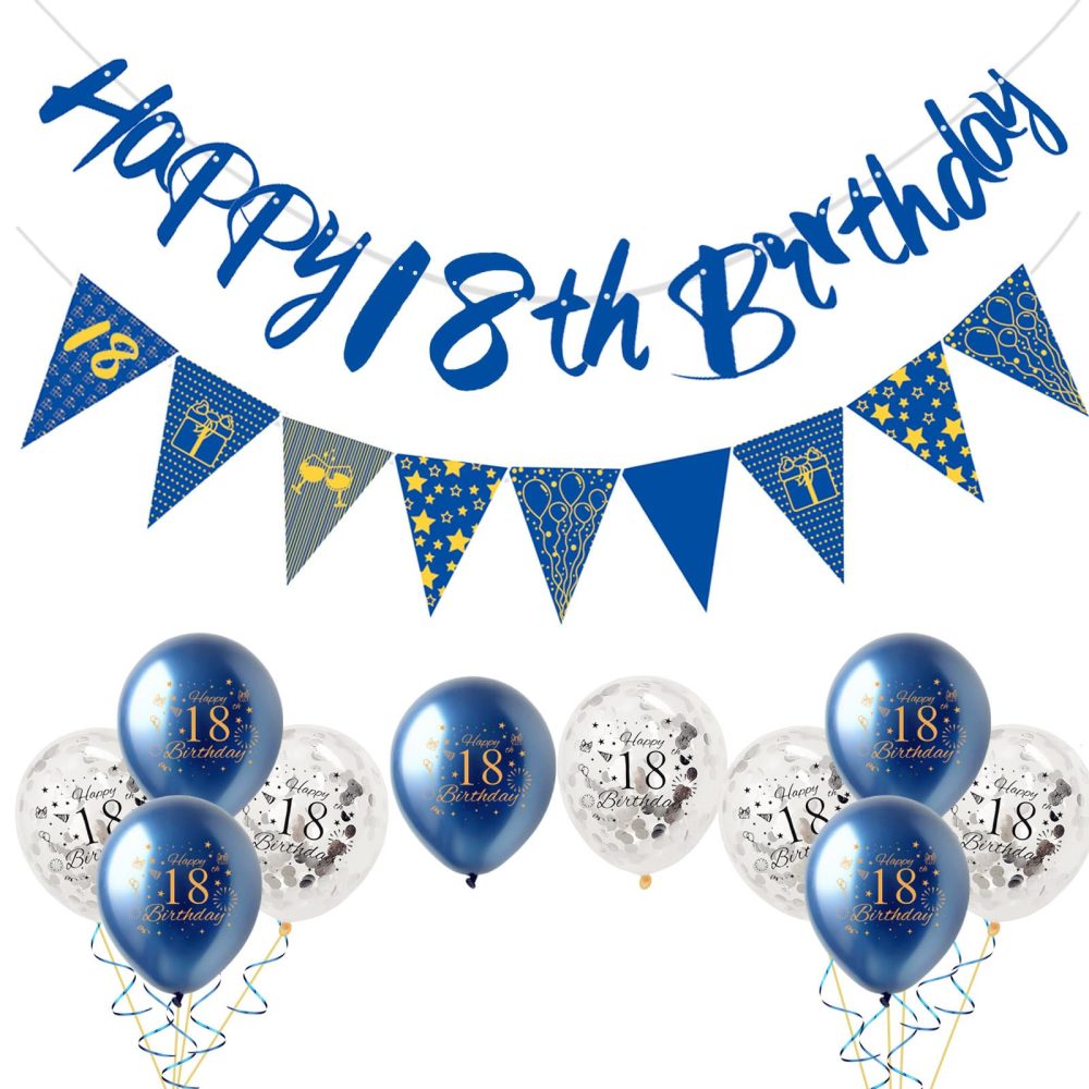12Pcs Navy Blue Happy 18th Birthday Decorations Set for Him,Man 18th Birthday Balloons NavyBlue Gold Birthday Number 18 Banner Triangle Flag Banner for Men Boys Birthday Party Decorations Supplies