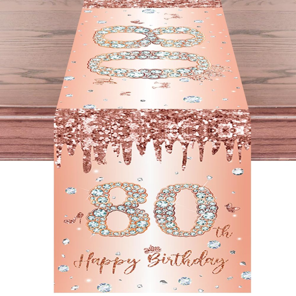 80th Birthday Table Runner for Women Her Rose Gold Happy 80th Birthday Table Runner 80 Years Old Birthday Celebration Party Decorations Non-Slip Dining Table Linen Cover Cloth Decor, 180x35cm Long - Image 6