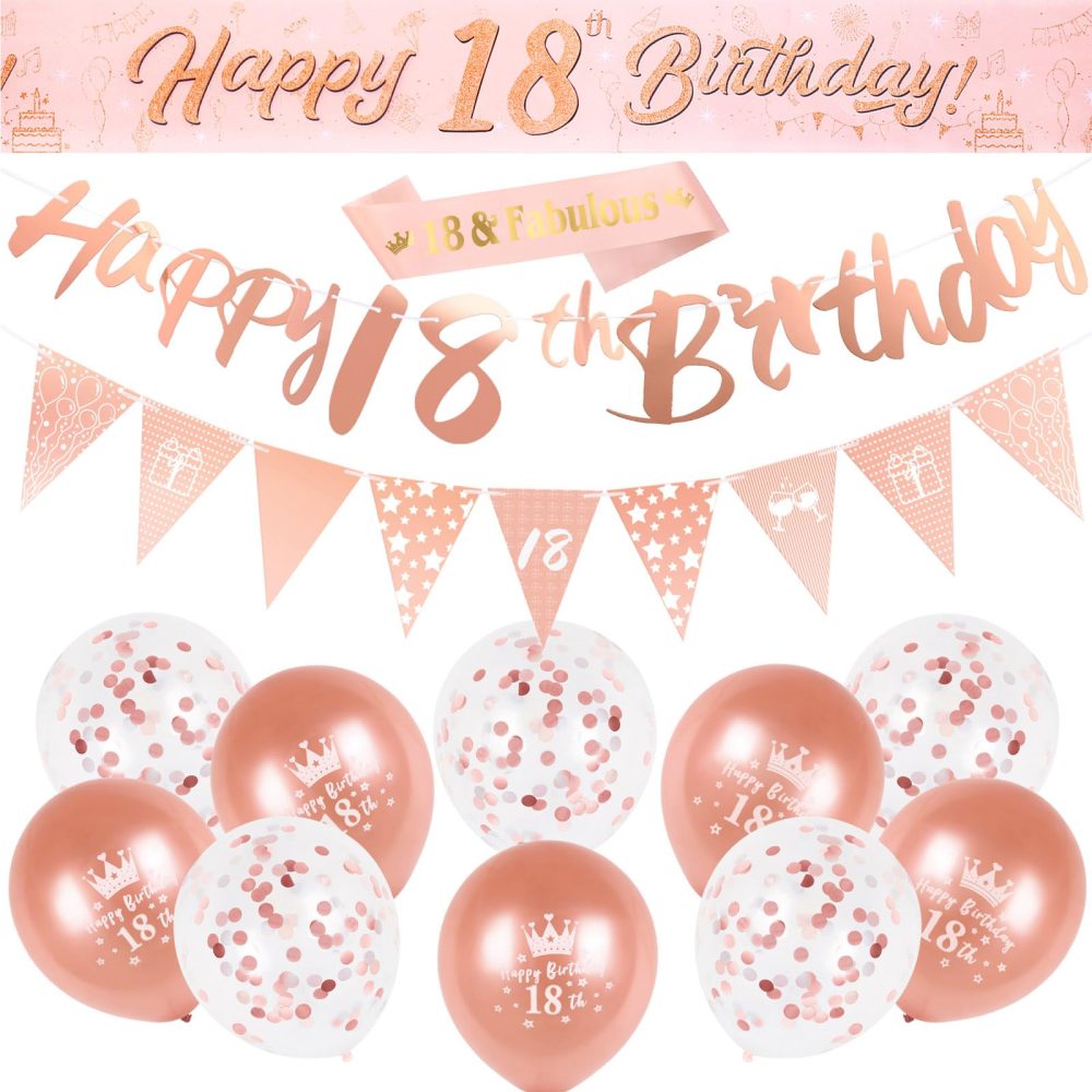 18th Birthday Decorations Kit Rose Gold Happy 18th Birthday Banner Triangle Flag Confetti Balloons Birthday Party Decorations Supplies Age 18