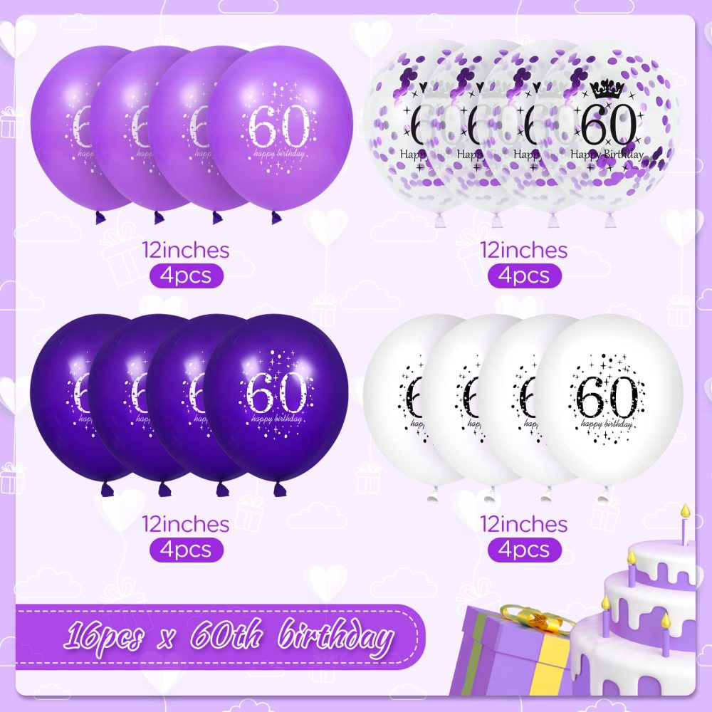 RUMIA 60th Purple Birthday Balloons Decorations, 16 PCS Purple White Confetti Latex Balloons for Women Men Happy Birthday Party Wedding Anniversary Indoor Outdoor Party Supplies,12 Inch (60th) - Image 6