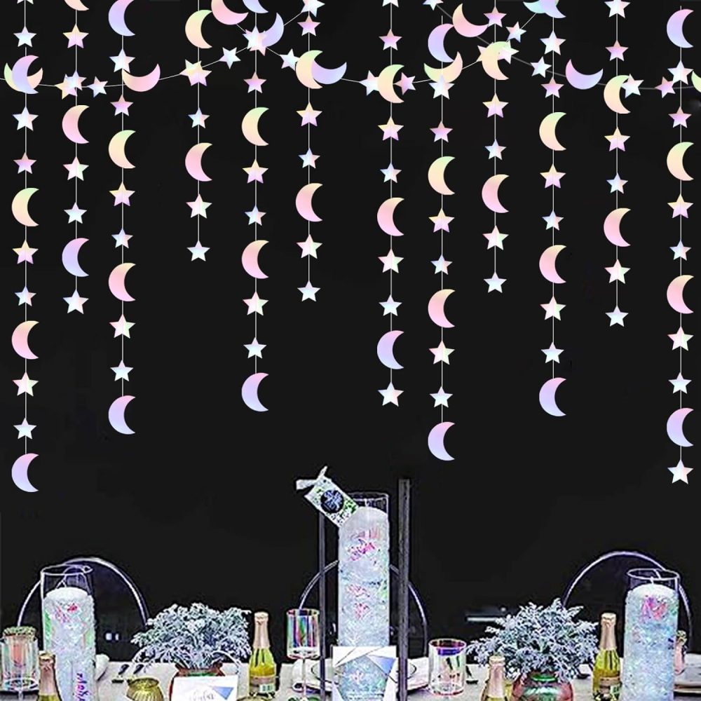 OURUOLA Iridescent Disco-Holographic Party-Decorations Moon-Star Garland - 62Ft Twinkle Little Star Hanging Neon Streamers Banner,Eid Ramadan Mubarak Decoration Birthday Wedding Baby Shower Decor - Image 2