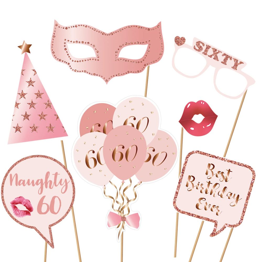 60th Birthday Party Photo Booth Props and Signs, Rose Gold 60 Birthday Party Selfie Props Kit with Sticks for Girls Women, Sixty 60th Happy Birthday Party Decorations Supplies Favors - Image 6