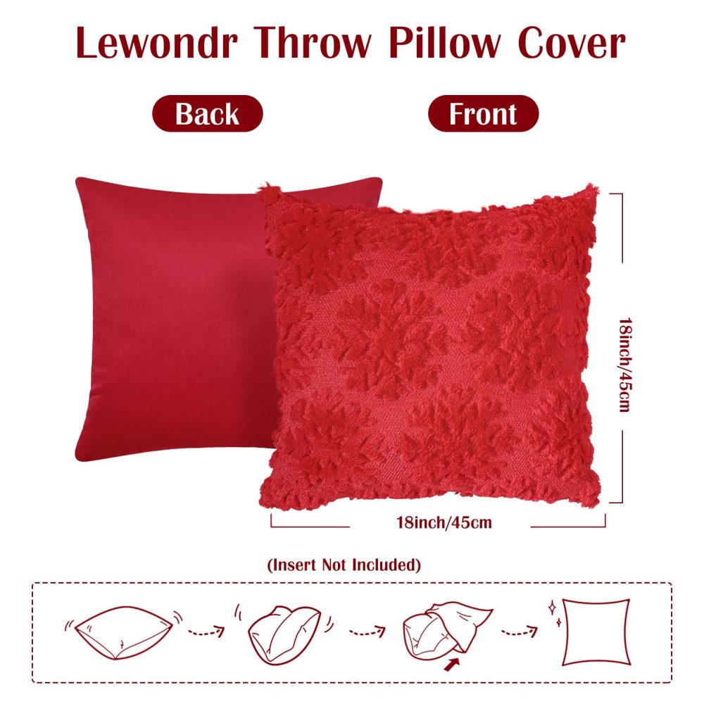 Lewondr Christmas Throw Pillow Cover 18x18, Set of 2 Super Soft Faux Fur Throw Pillow Covers Velvet 3D Snowflakes Embroidery Decorative Throw Pillowcase for Living Room Bed Couch Home Decor, Red - Image 4