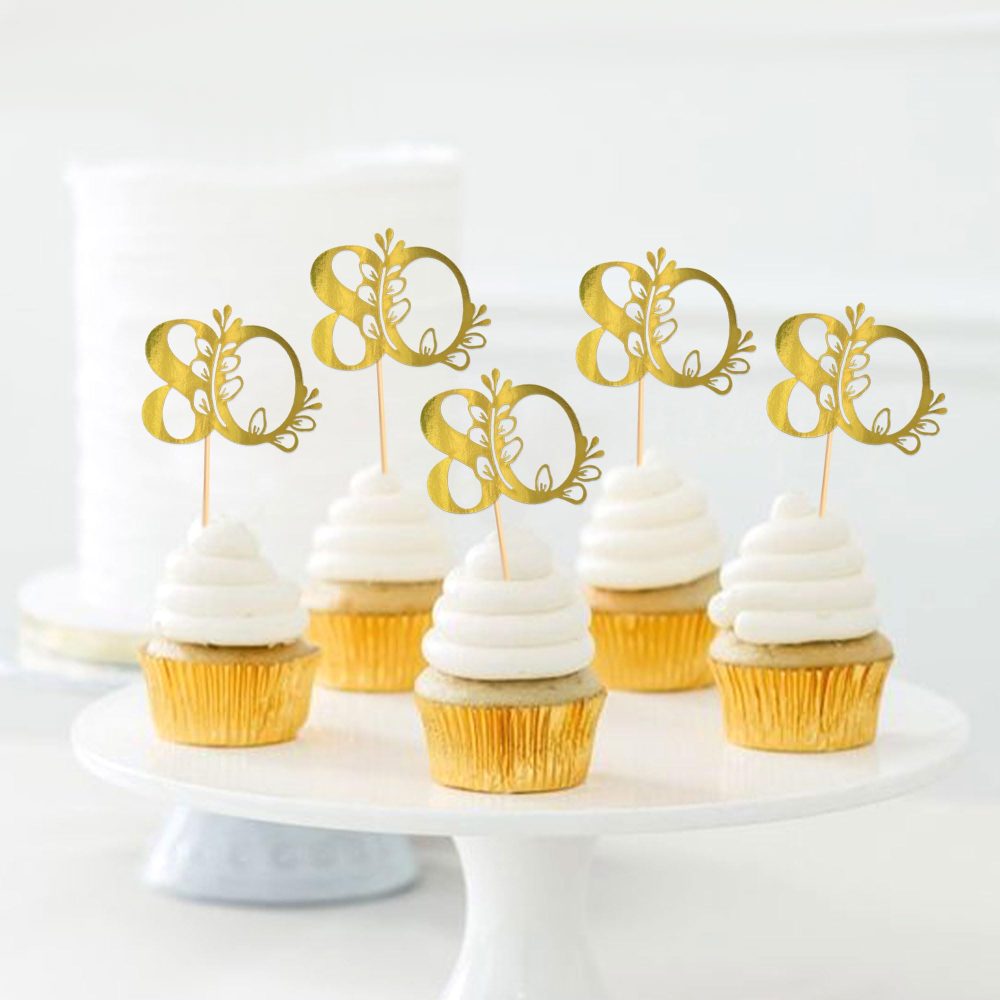 Blumomon 24Pcs 80th Happy Birthday Cupcake Toppers Happy 80 Cupcake Topper Cheers to 80 Cake Decoration 80th Birthday Party Decoration 80th Anniversary Cake Decoration（Gold） - Image 4