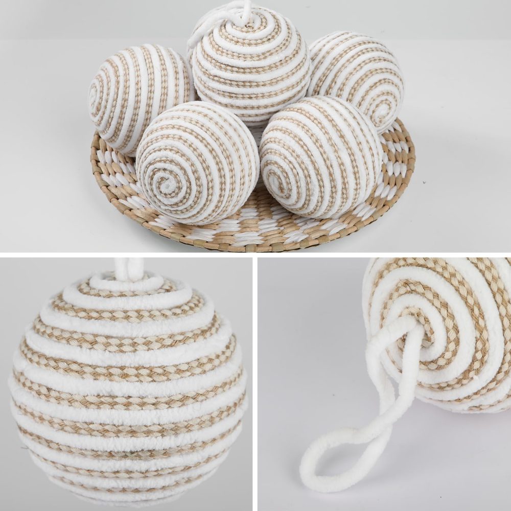 Oairse 10cm Christmas Balls Ornament Set, 6PCS Large White and Tan Rope Decorative Yarn Balls Christmas Baubles Ornament for Christmas Tree Decorations Xmas Halloween Holiday Party Table Decor - Image 2