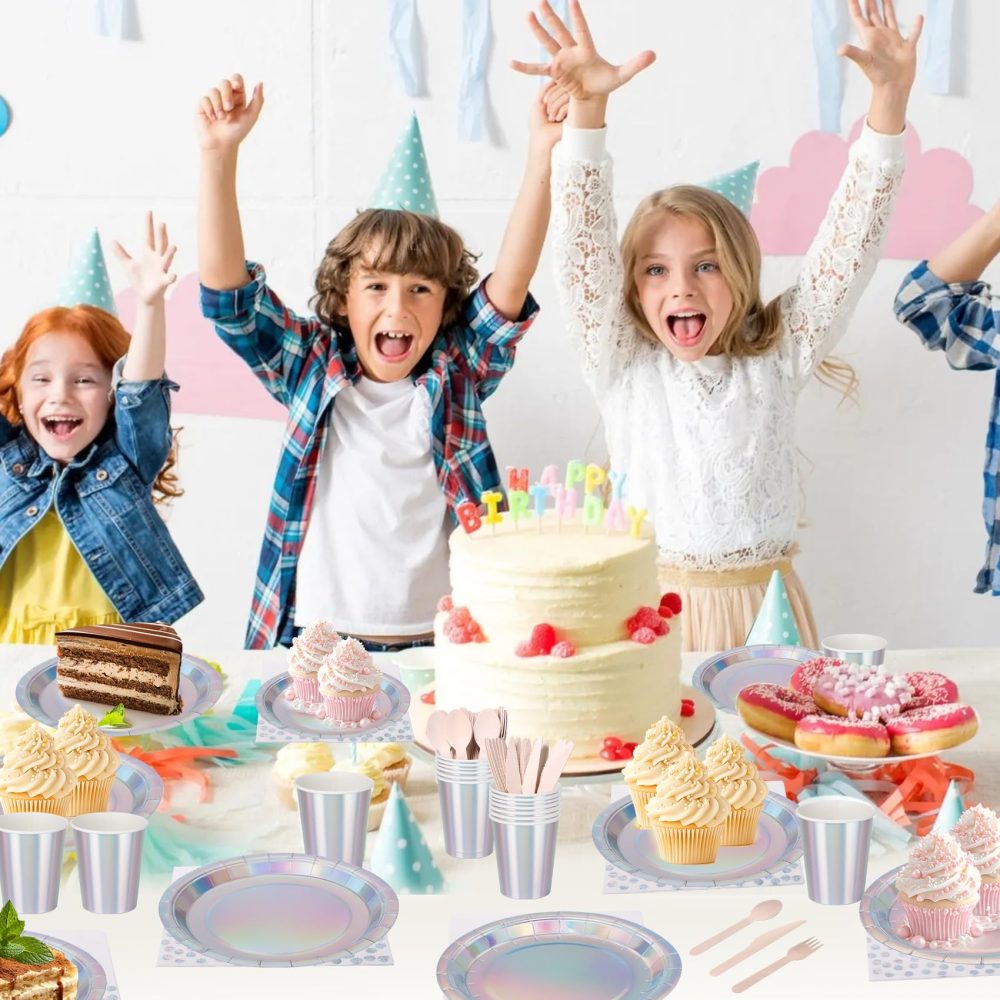 Iridescent Party Supplies Set Serve for 25 Guests, CEILIWEN 200PCS Holographic Paper Plates and Napkins Cup Set, Iridescent Party Tableware Set for Birthday Wedding Party - Image 4