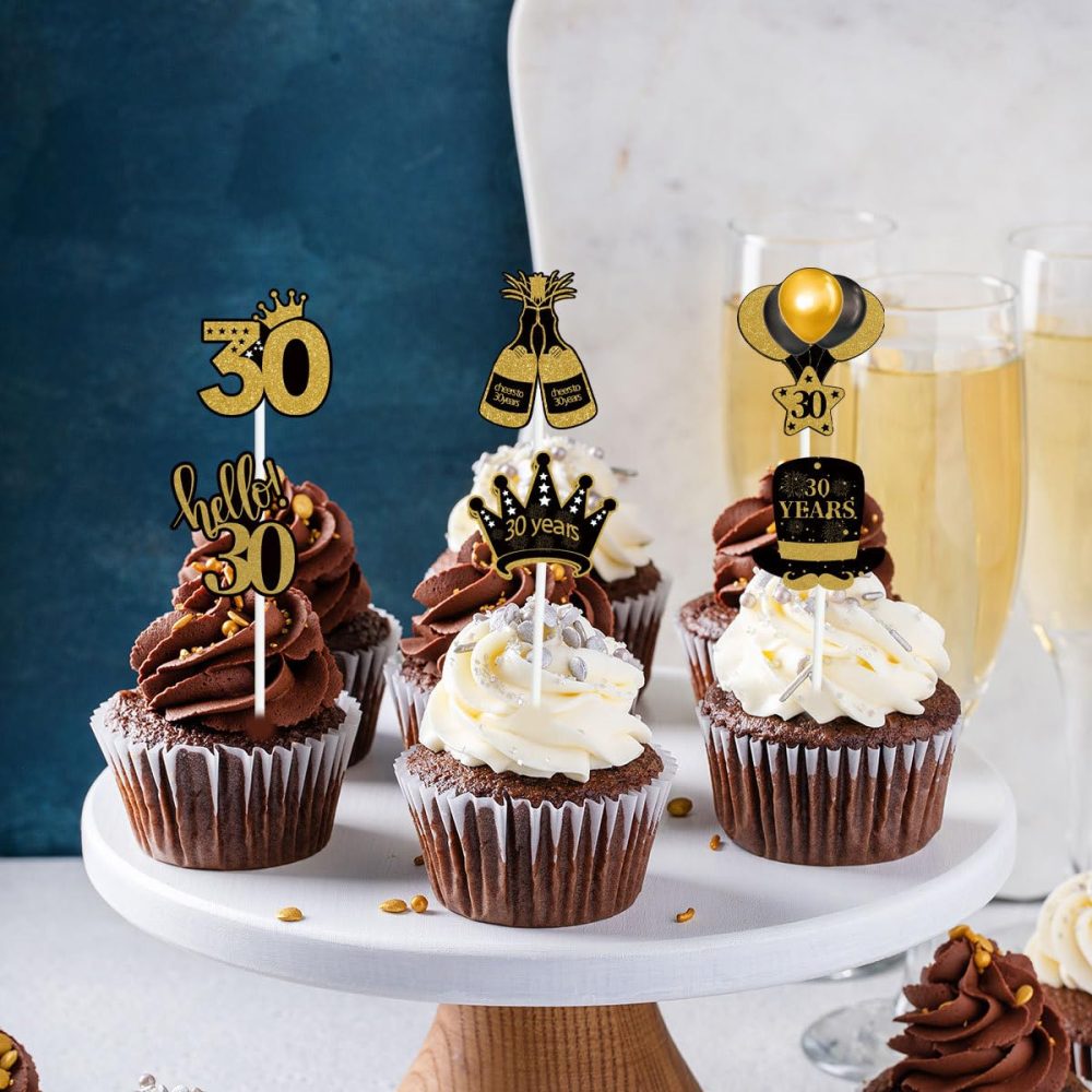 30th Birthday Cake Toppers for Women Men, Hello 30 Black Gold Cupcake Toppers Cheers to 30 Cake Decorations Food Picks Happy 30th Birthday Cake Toppers 30th Birthday Party Supplies (Pack of 12) - Image 3