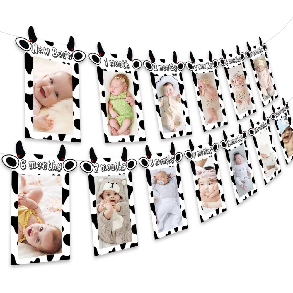 JOYMEMO 13PCs Cow Photo Banner - 1st Birthday Baby Photo Banner for Newborn to 12 Months, Cow Print Birthday Party Decorations, Farm Barnyard Cowboy Cowgirl First Birthday Party Supplies - Image 7