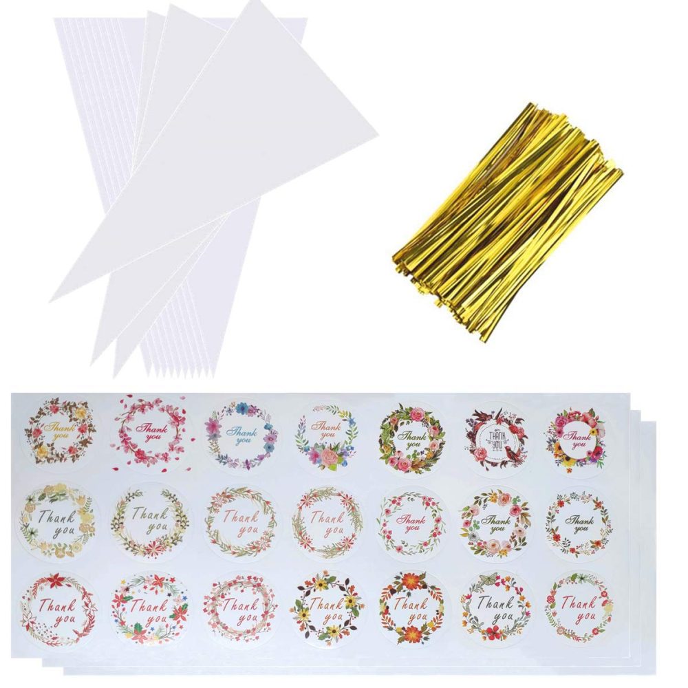 Large Sweet Cone Bags, 100Pcs 37 x 17cm Clear Treat Bags with Gold Twist Ties and Stickers, Triangle Cellophane Bag for Party Snacks Candy Popcorn Chocolates Cookies Crafts Gifts - Image 7