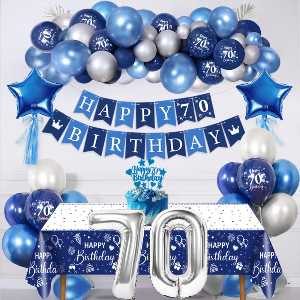 70th Birthday Party Decorations Men,Royal Blue Balloon Arch Kit with Happy Birthday Banner,Cake Topper,Tablecloth,Foil Confetti Balloon,Large Number 70 Balloon,Chrome Blue Silver Balloons - Image 5