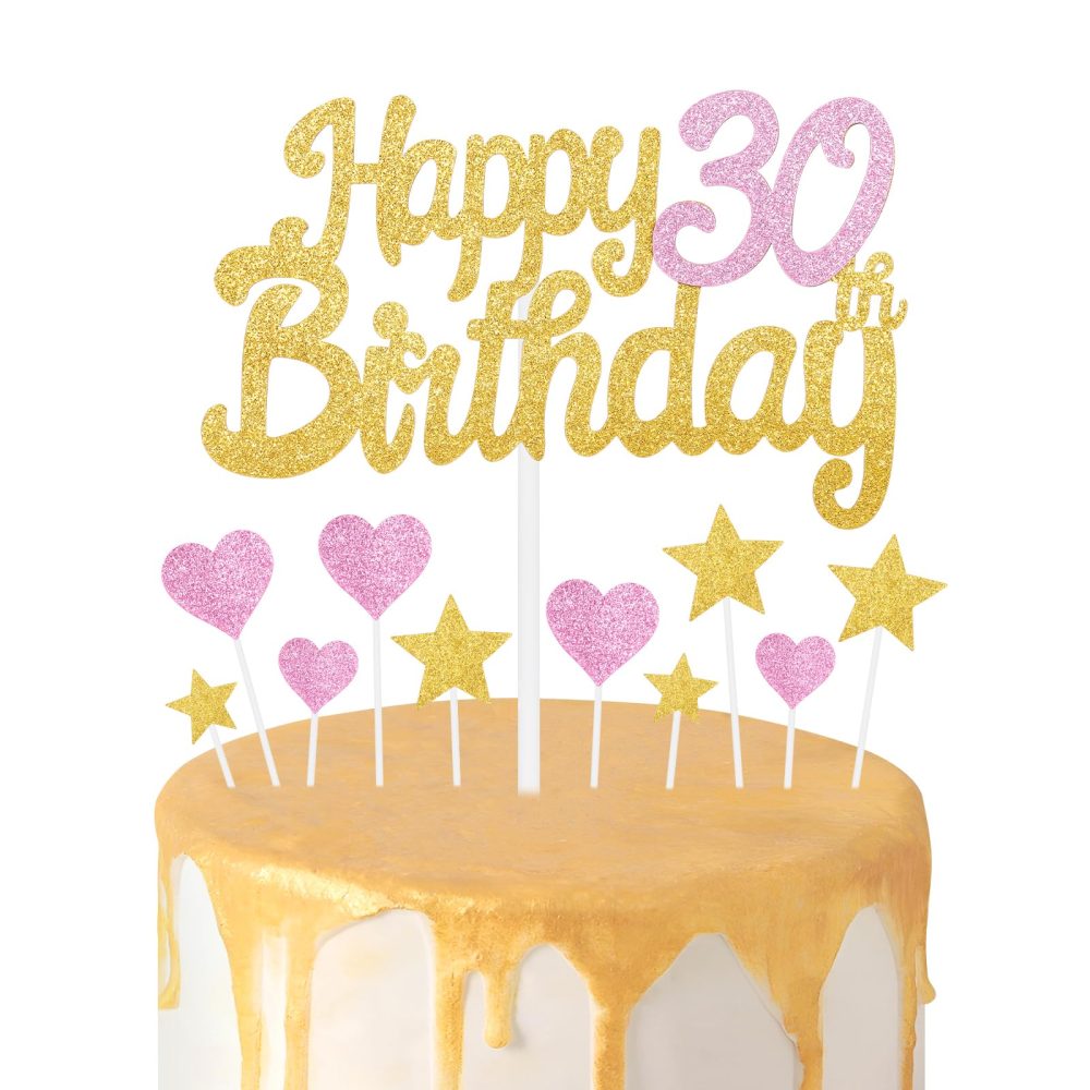 Gold Pink 30th Birthday Cake Topper, Girls 30th Birthday Decorations, Glitter Heart Stars Cake Toppers, Personalised Happy Birthday Cake Cupcake Toppers for Women Girls Baby Birthday Party Supplies