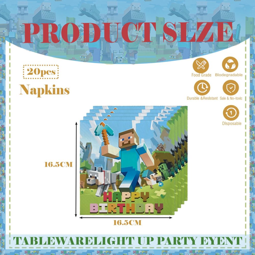 Minecraft Napkins Serviettes,20Pcs Minecraft Birthday Party Decorations Napkin Mine-craft Party Tissue Miner Game Napkin,Minecraft Paper Napkin for Kids Boys Miner Gaming Theme Birthday Party Supplies - Image 4