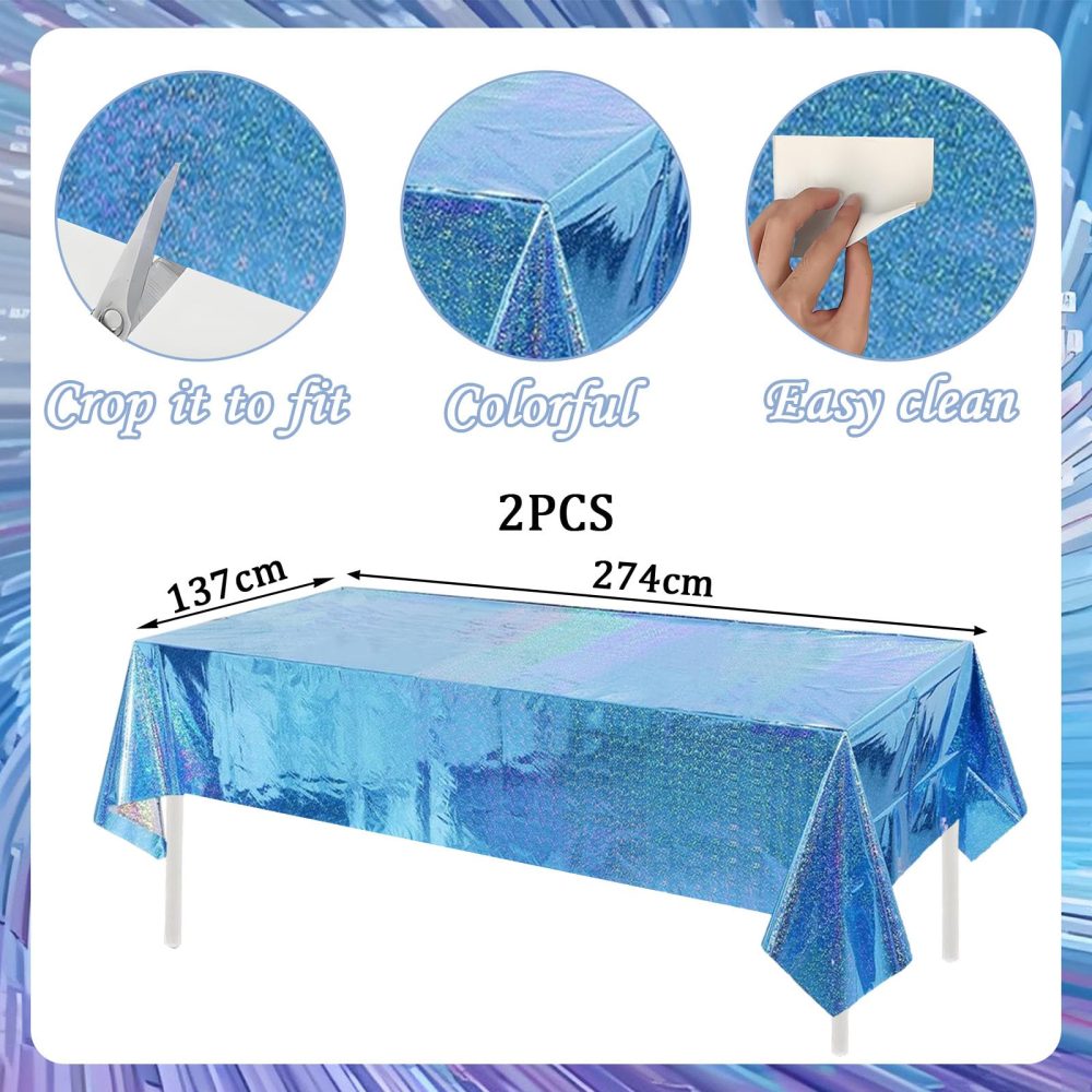 2pcs 137x274cm Blue Tablecloth for Blue Party Decorations,Plastic Holographic Table Cloths Foil Table Cover Metallic Disco Tablecloth for Outdoor Picnic,Birthday,Christmas Party Decorations - Image 5