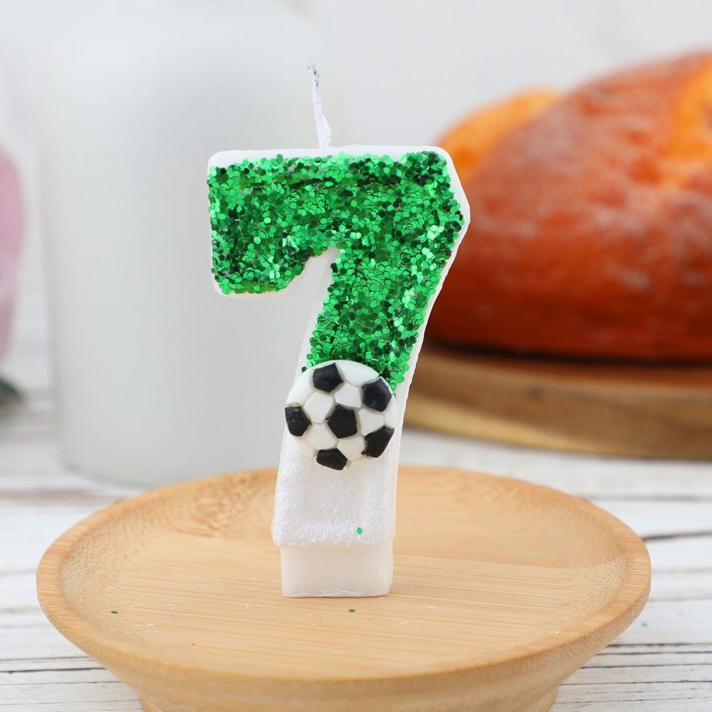 Football Candle, White Green Soccer Cake Topper Happy Birthday Number Cake Candle Sparkling Sequins Soccer Football Theme Birthday Party Decorations Celebrations Supplies (Number 7) - Image 6