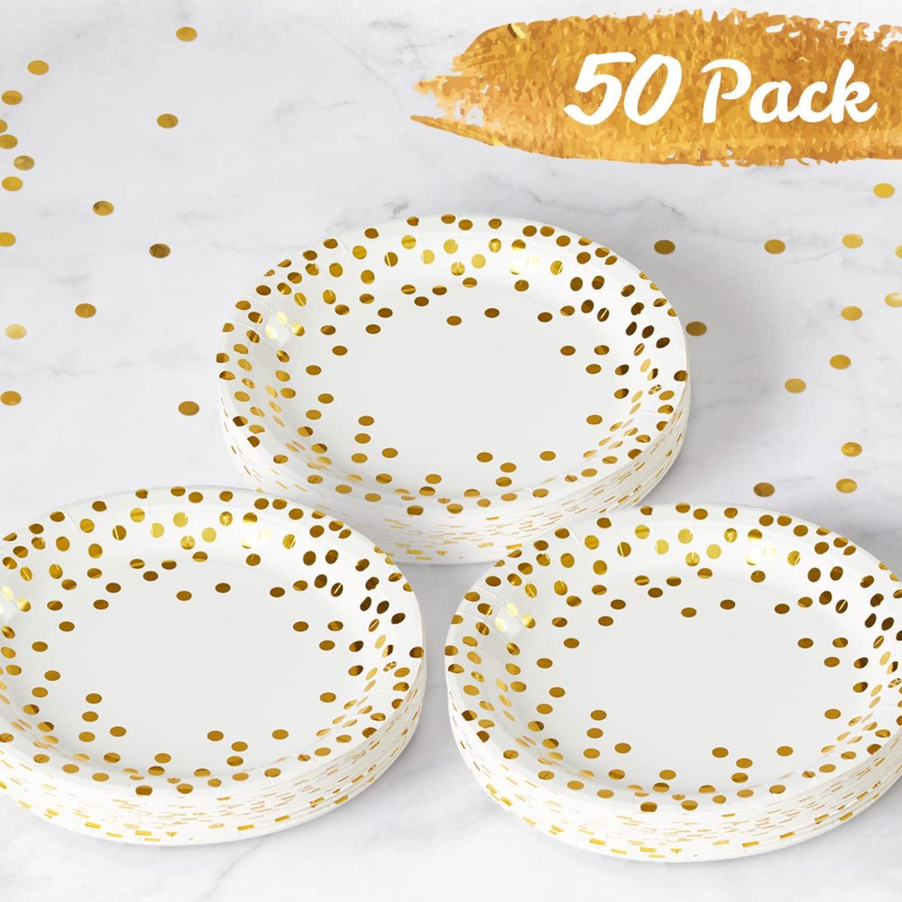 MATICAN Party Paper Plates, 50-Pack Disposable White and Gold Plates, Foil Polka Dots, 9-Inch - Image 3