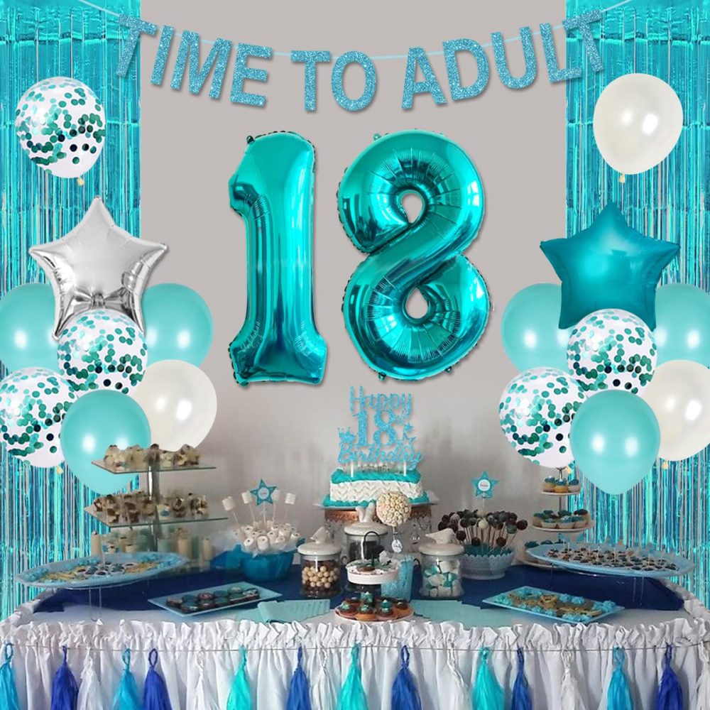 18th Birthday Decorations for Girls Teal - Time To Adult 18 Birthday Supplies Banner Cake Topper Turquoise Fringe Curtain Birthday Sash Number 18 Balloon for Eighteenth Birthday - Image 4