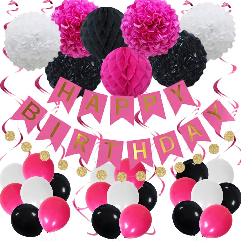 Hot Pink Black White Birthday Decorations for 1st 16th 18th 21th 30th 40th 50th 60th 70th Birthday, Happy Birthday Banner with Tissue Pompoms Balloons for Birthday Party Supplies for Women Girls