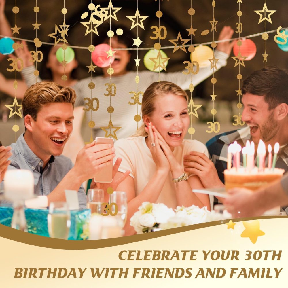 4 Pcs Gold 30th Birthday Decorations Garlands 3m Dot Twinkle Star Birthday Banner Hanging Decorations for Womens Mens 30 Year Old Birthday Cheers to Thirty Years Anniversary Party Supplies - Image 4