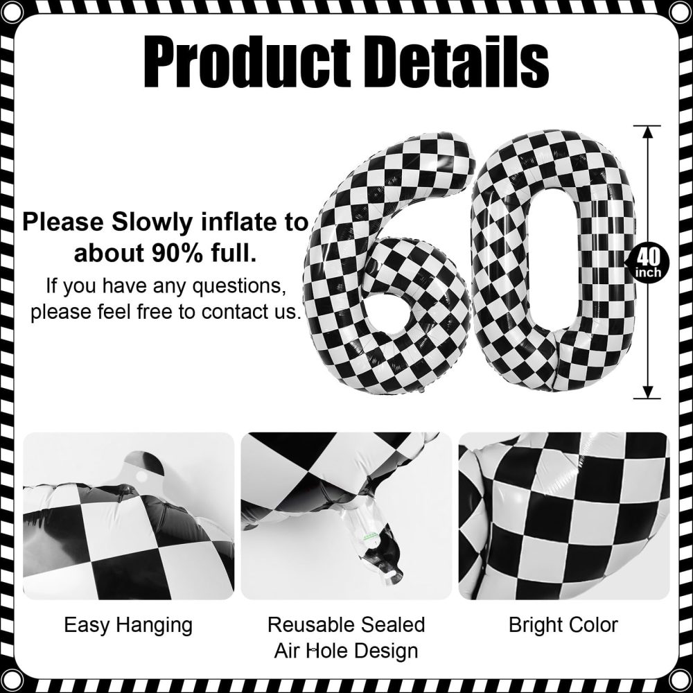 TNYKER Checkered Number 60 Balloon, Black and White 60th Birthday Balloons Foil Helium Checkered Flag Balloons, 40 Inch Racing 60 Balloon for Men 60th Racing Themed Birthday Party Decorations Supplies - Image 6