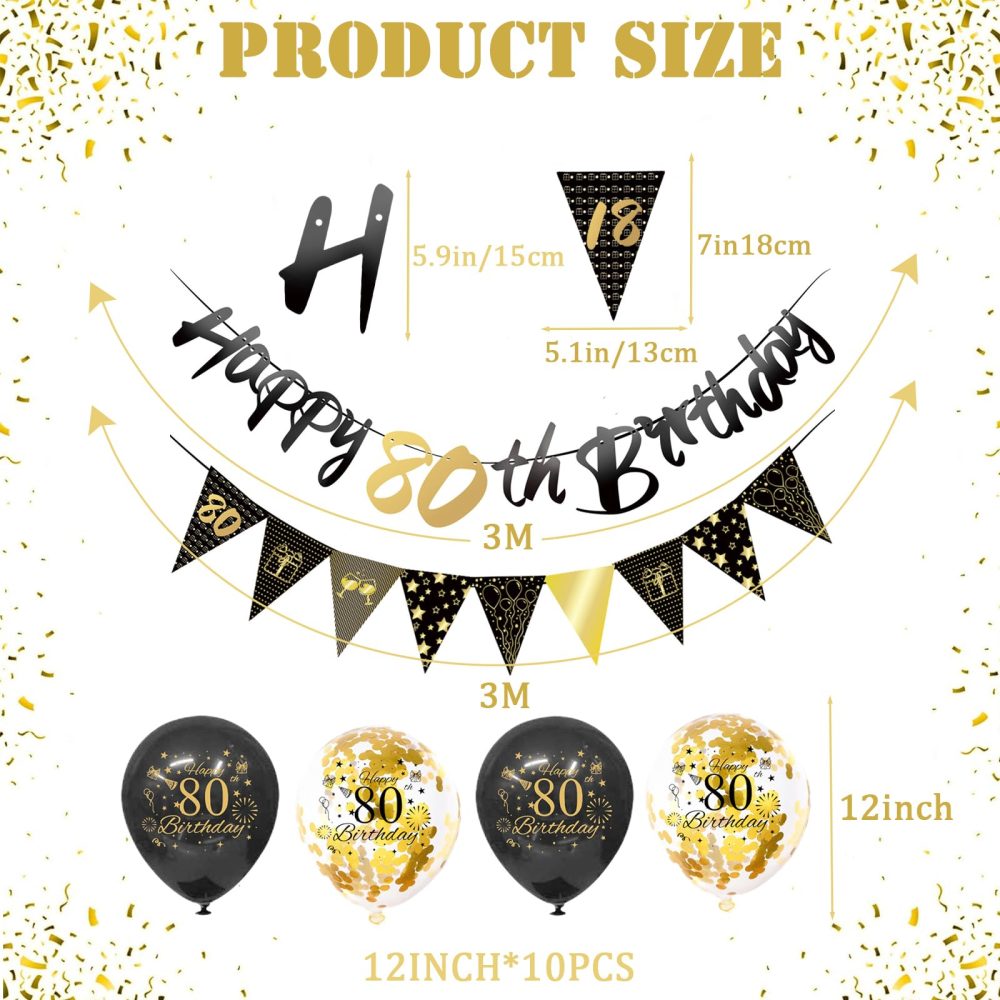 Black Gold 80th Birthday Decorations for Men Women,12pcs 80th Birthday Decor Kit Happy 80th Birthday Bunting Banner Triangle Flag 80th Birthday Balloons for Him Her 80th Birthday Party Decorations - Image 6