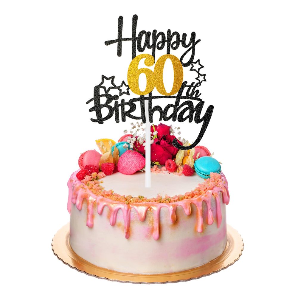 DSLSQD 1Pc Happy 60th Birthday Cake Topper, Black Gold Glitter Cheers to 60 Years Birthday Cake Pick 60 Fabulous Cake Decoration for Happy 60th Birthday Anniversary Party Supplies(60 th)