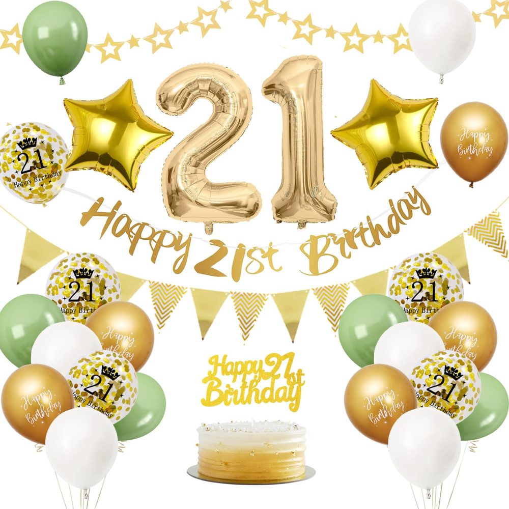 21th Birthday Decorations Sage Green, 21th Birthday Decorations for Girls, 21th Birthday Balloons with Happy 21th Birthday Banner Cake Toppers Number 21 Balloons for Girls Boys Birthday Decorations