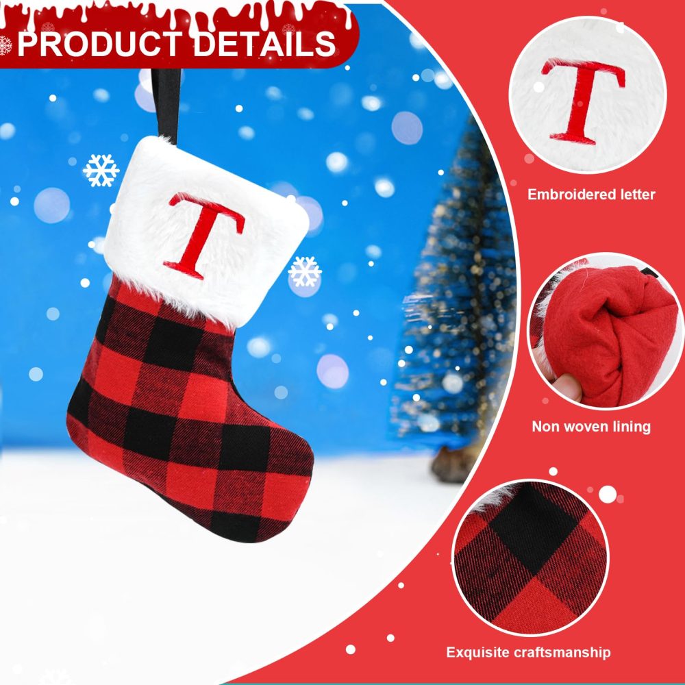 Christmas Stockings 7inch Personalised Xmas Stockings Red Scotland Plaid Classic Christmas Stockings with Letters Faux Fur Plush Cuff Hanging Stockings for Xmas Decor Tree Decoration (T) - Image 5