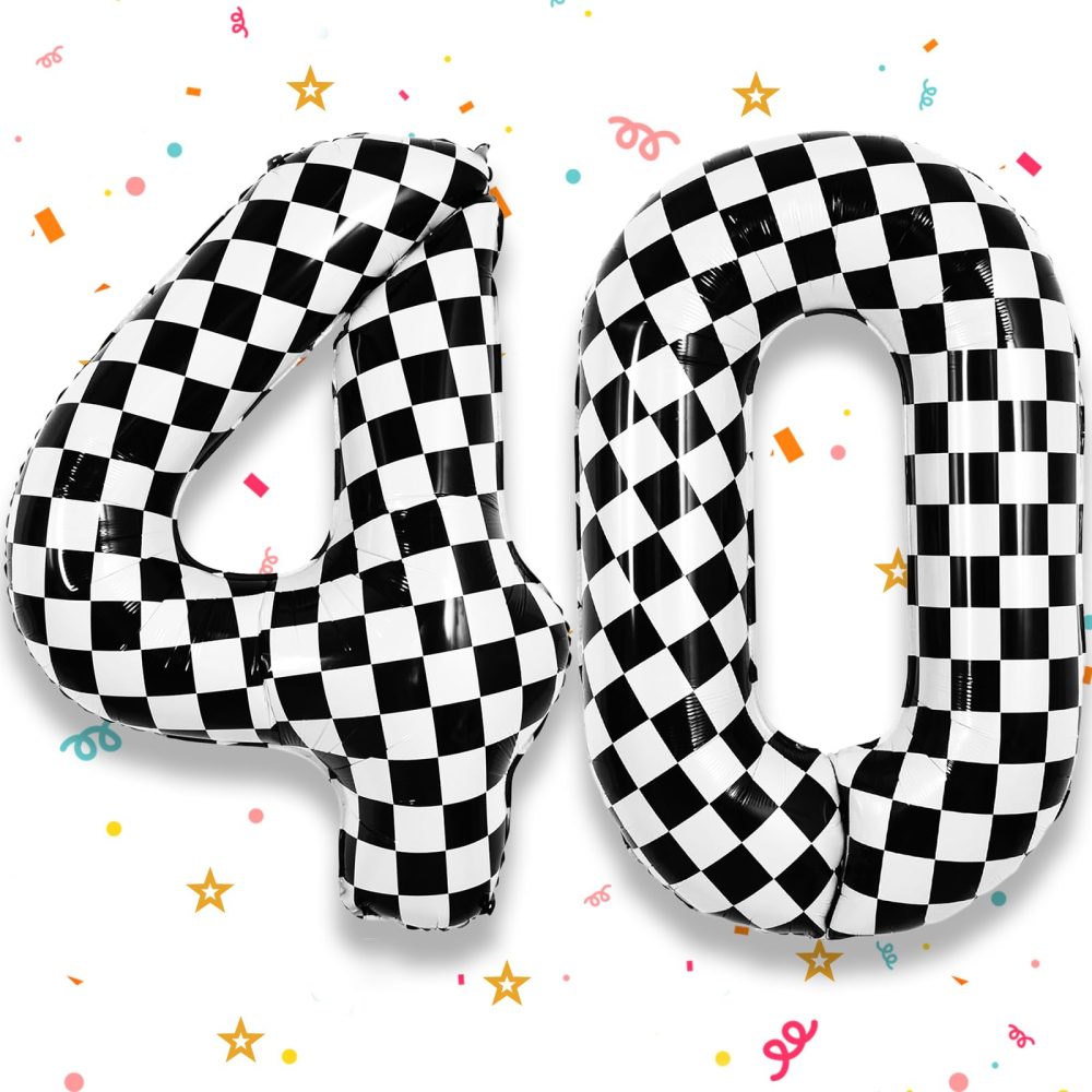 TNYKER Checkered Number 40 Balloon, Black and White 40th Birthday Balloons Foil Helium Checkered Flag Balloons, 40 Inch Racing 40 Balloon for Men 40th Racing Themed Birthday Party Decorations Supplies