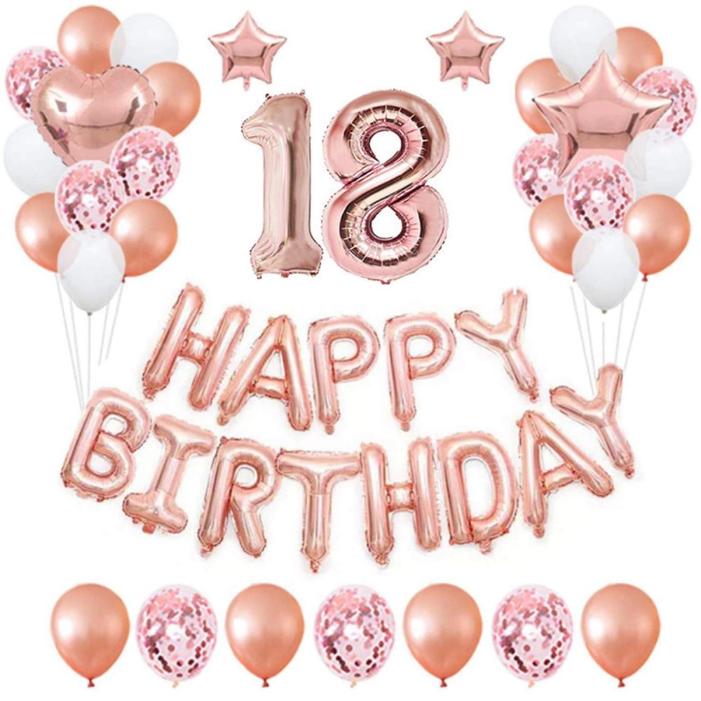 18th Rose Gold Birthday Party Decorations Pack 48PCS Banner Happy Birthday Decorations for Girls Women Party Supplies Happy Birthday Star Heart Rose Gold Foil Balloons Latex Balloons (18th)