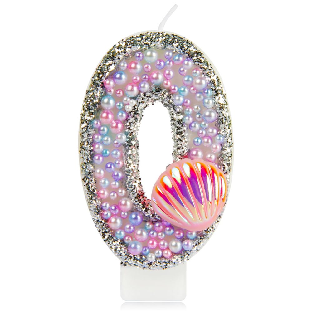 Girls Mermaid Birthday Number Candles, Glitter Mermaid Number 0 Candle with Pink Shell Sequins, Pink Purple Pearls Cake Candles for Girls Mermaid Themed Birthday Decorations Party Supplies
