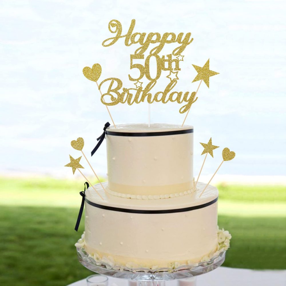 Mobile Stuff Happy 50th Birthday Cake Topper Set, 50th Birthday Cake Topper with Heart Star Cupcake Cake Topper Picks Glitter Cake Decoration for Birthday Party Cake Supplies - 9pcs (Gold) - Image 3