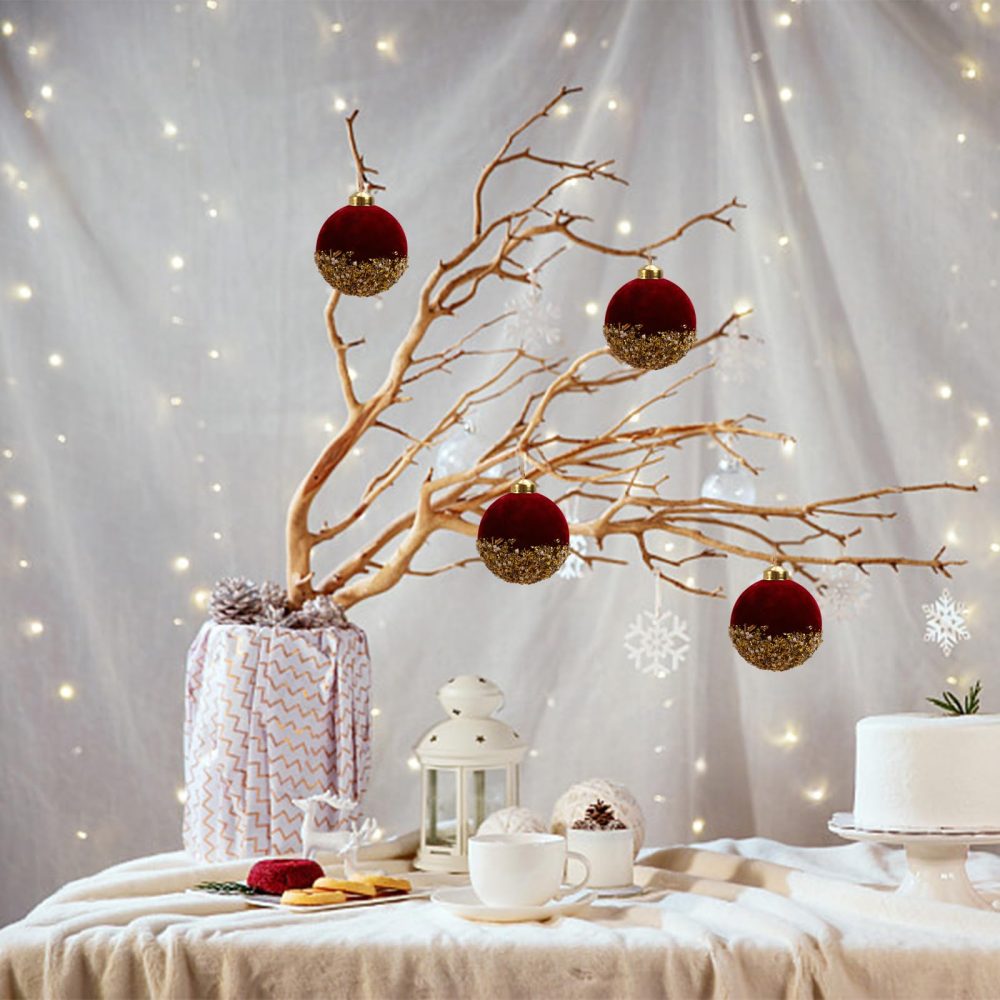 kemengsuer Red Christmas Balls Ornaments, 3inch Red Velvet Christmas Tree Hanging Balls with Gold Sequins and Pearls, Shatterproof Glitter Sequin Foam Balls for Xmas Wedding Party Decor(Wine Red) - Image 6