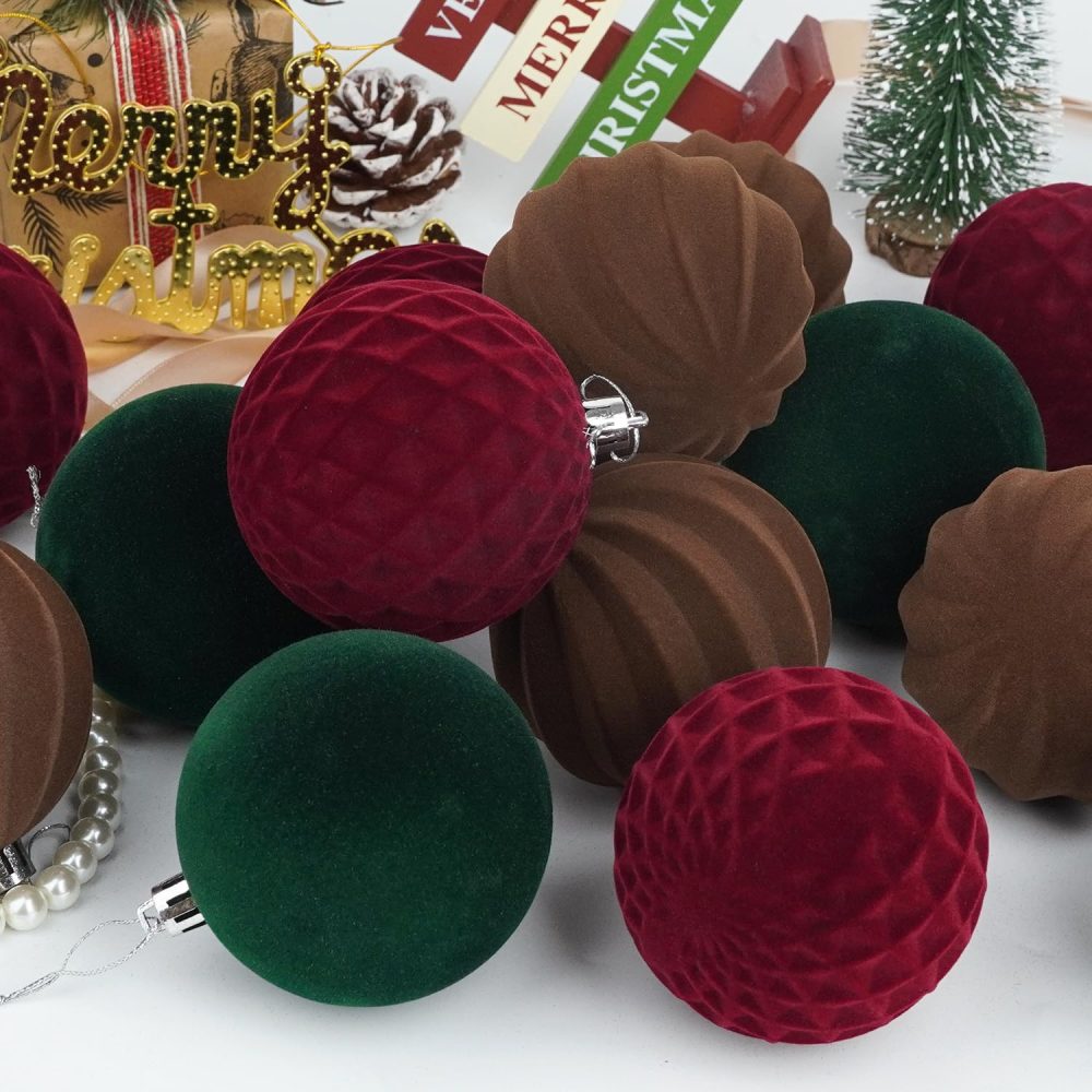 Miaikoe 15 Pcs Velvet Christmas Balls Hanging Ornaments Set, Pre-tied Shatterproof Plastic Flocked Christmas Balls Xmas Decorations Festival Holiday Party Decor (Brown,Red,Green,8CM) - Image 5