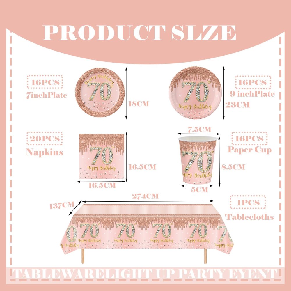 69pcs Rose Gold 70th Birthday Decorations,Happy 70th Birthday Tablecloth,Paper Plates,Napkins Serviettes and Cups Sets for 70th Birthday Table Decorations for Women,Men,Him,Her 70th Birthday Gifts - Image 3