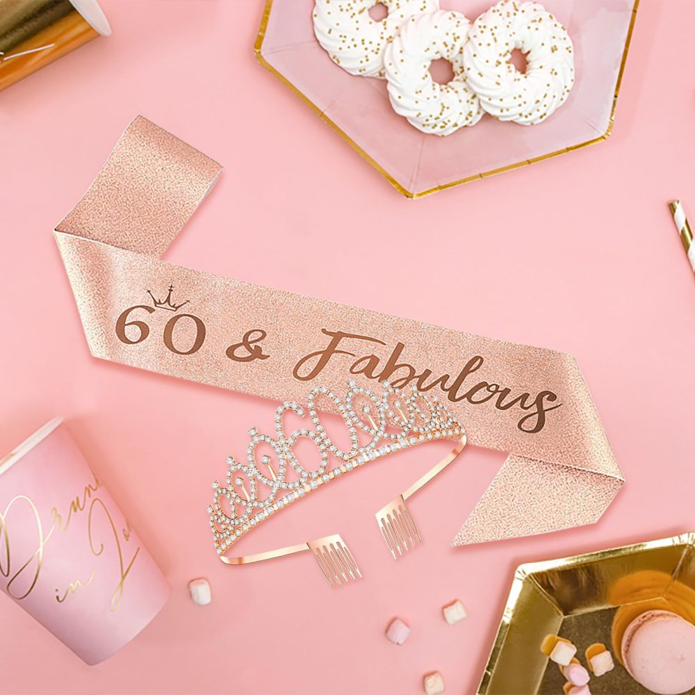 60th Birthday Sash and Tiara,Rhinestone Crown Headband for 60 Birthday Gift Glitter Crystal Hair Accessories Rose Gold Queen 60th Birthday Decoration for Girls Women Birthday Party Supplies - Image 3