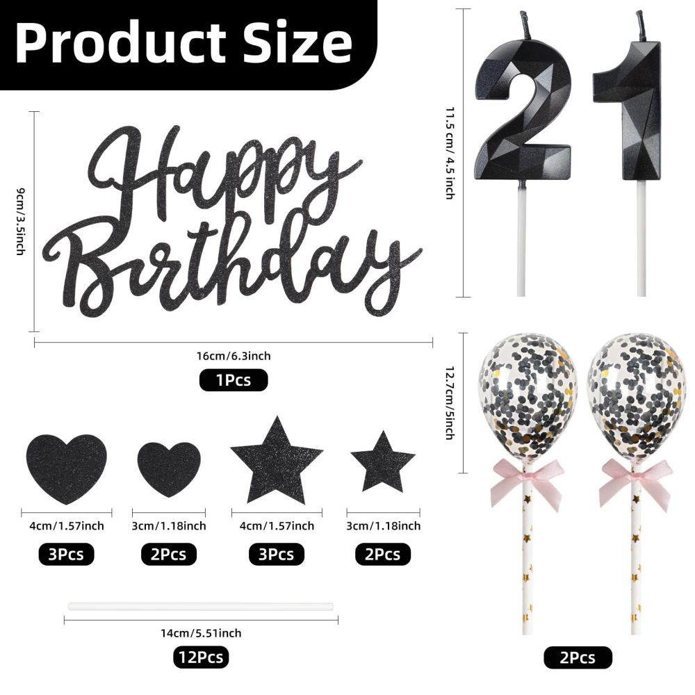 Black 21st Birthday Candle,Black Happy Birthday Cake Topper, Black Balloons, Black Number 21 Candles for Cake, Black Candles Cake Toppers for Girls Boys Women Men's Birthday Party Decorations Supplies - Image 7