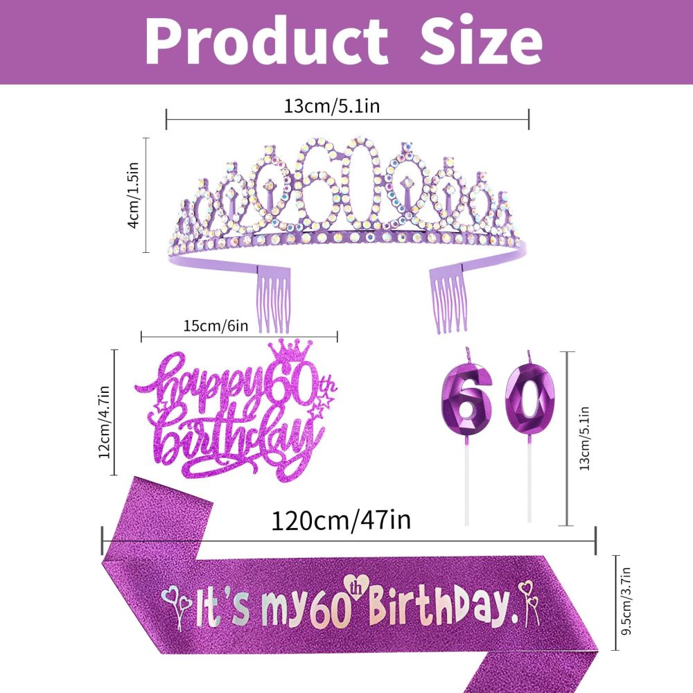 60th Birthday for Woman Decorations,Including Purple 60th Birthday Sash and Birthday Tiara Crown ,60th Birthday Candles Cake Topper Happy Birthday for 60 Year Old Her Gifts Party Supplies - Image 6
