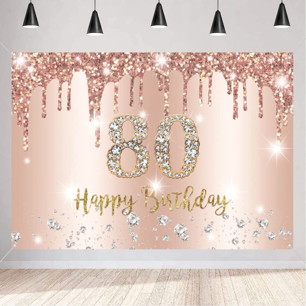 Happy 80th Birthday Decorations Backdrop Banner for Women Happy 80 Years Old Party Sign Poster Woman 80th Birthday Rosegold Photography Background 80th Birthday Party Supplies, 150x90cm